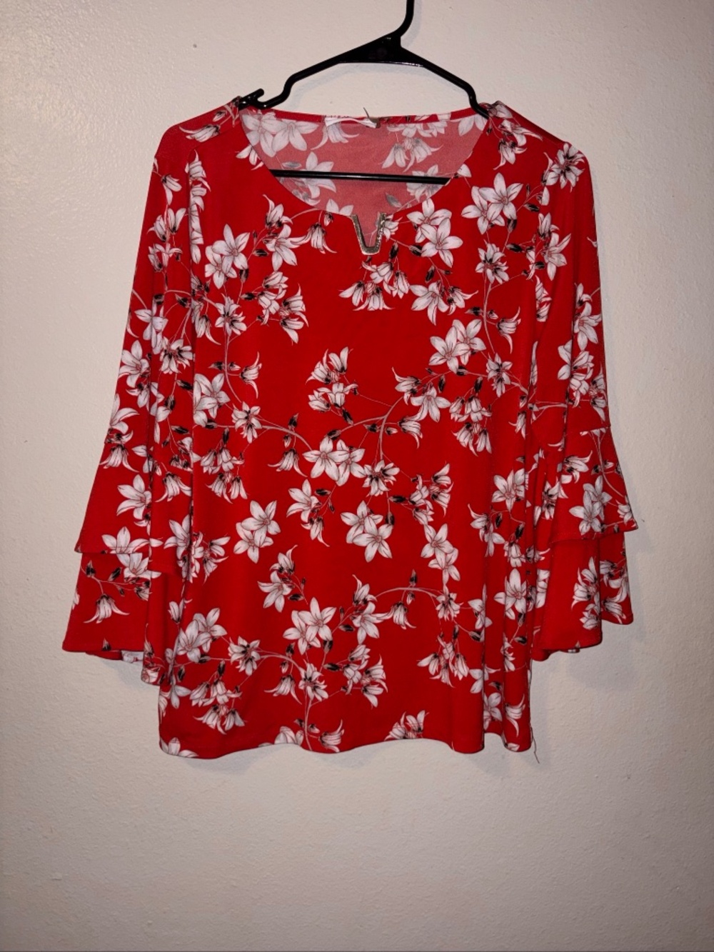 Red Floral Bell Sleeve Blouse